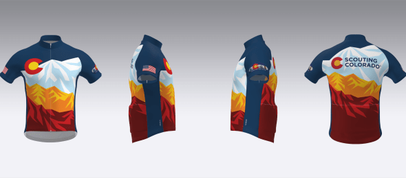 4 images, front, back and left and ride sides of of the Greater Colorado Council, BSA 2024 Cycling Jersey